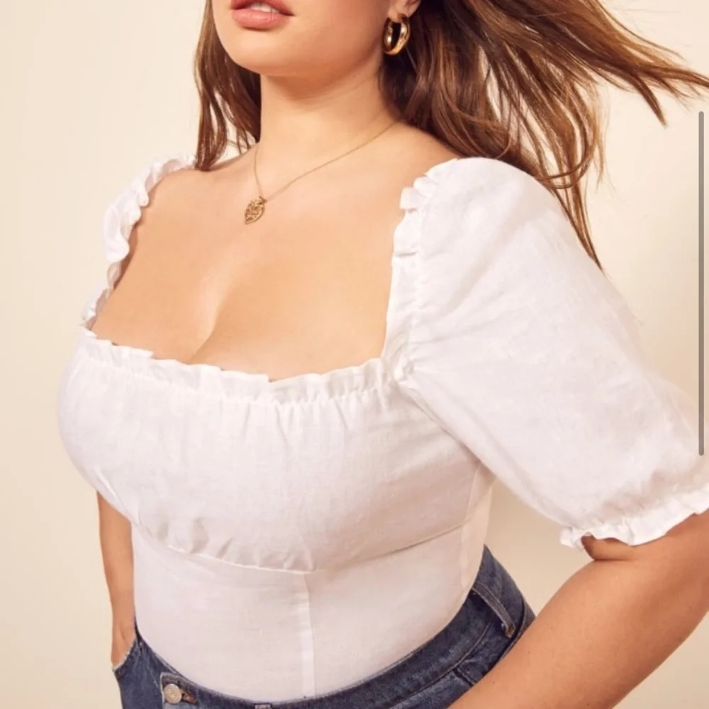 Reformation White 100% Linen Salina Top puff sleeve crop top size 16